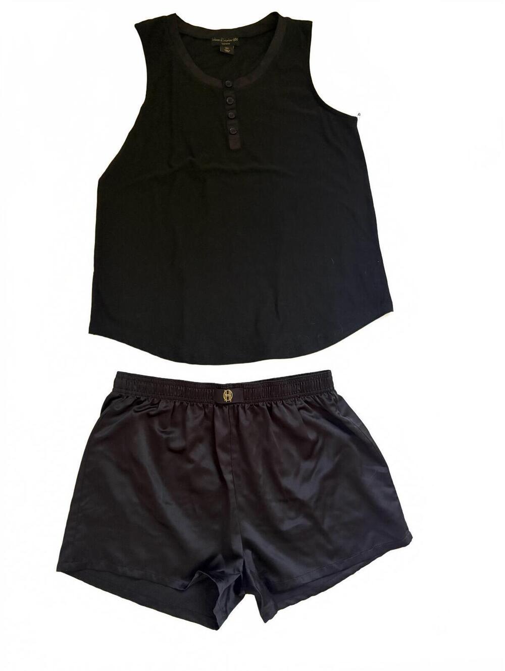 House of Harlow 1960 | NEW 2 Piece Black Satin Pajama Short Racerback Tank Set L